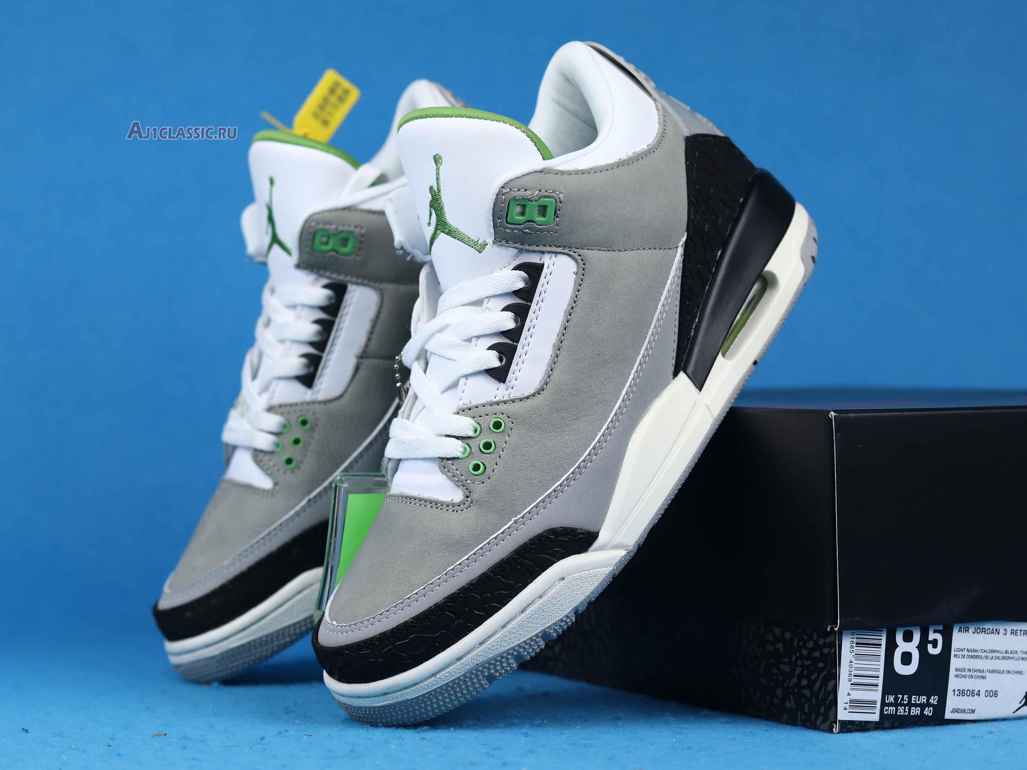 Air Jordan 3 Retro Chlorophyll 136064-006 Light Smoke Grey/Chlorophyll-Black-White-Sail Sneakers