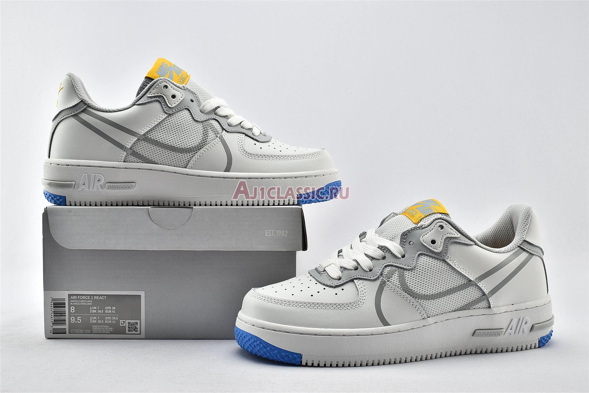Nike Air Force 1 React Smoke Grey Gold CT1020-100 White/Light Smoke Grey/University Gold Sneakers